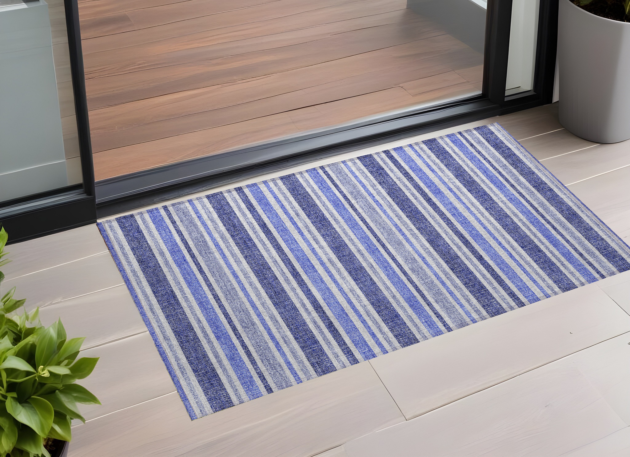 2' X 3' Blue Striped Washable Non Skid Indoor Outdoor Area Rug-561131-1
