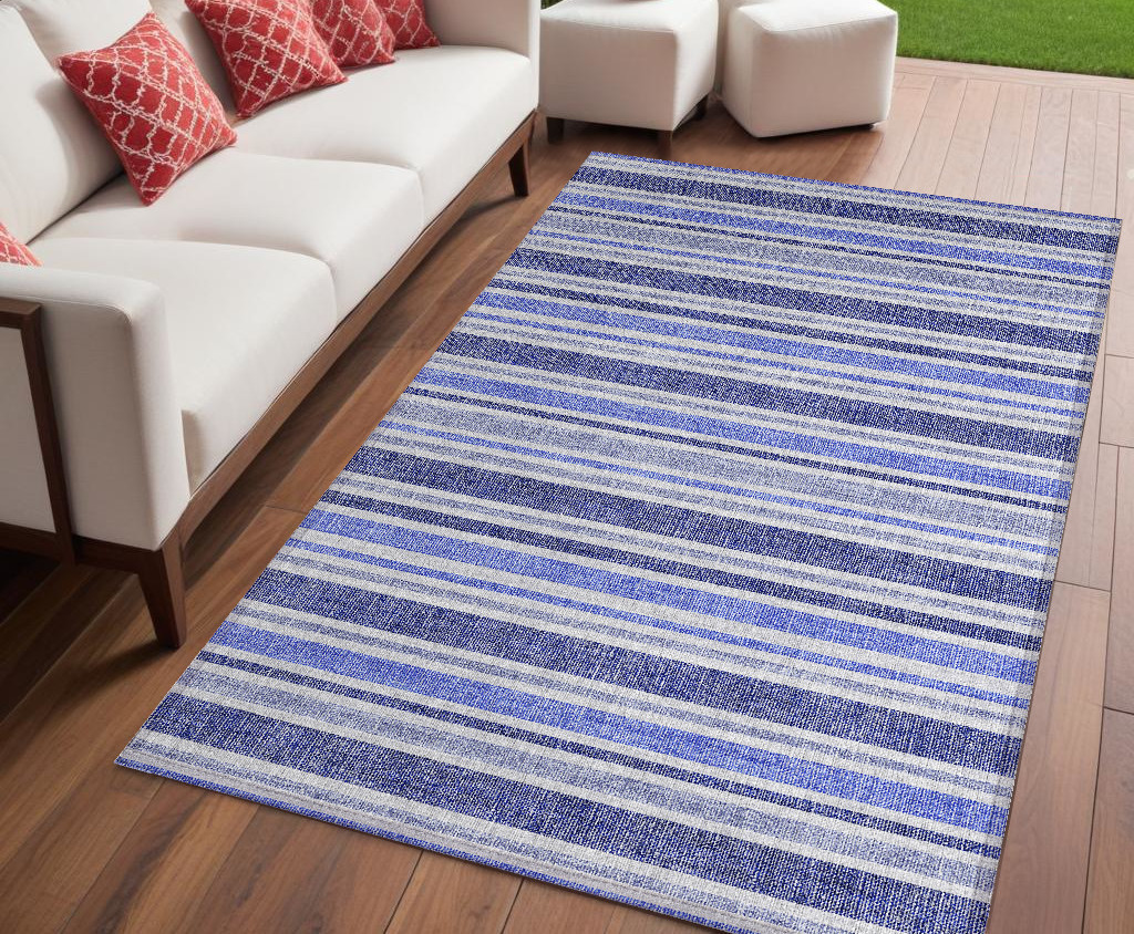 5' X 8' Blue Striped Washable Non Skid Indoor Outdoor Area Rug-561135-1