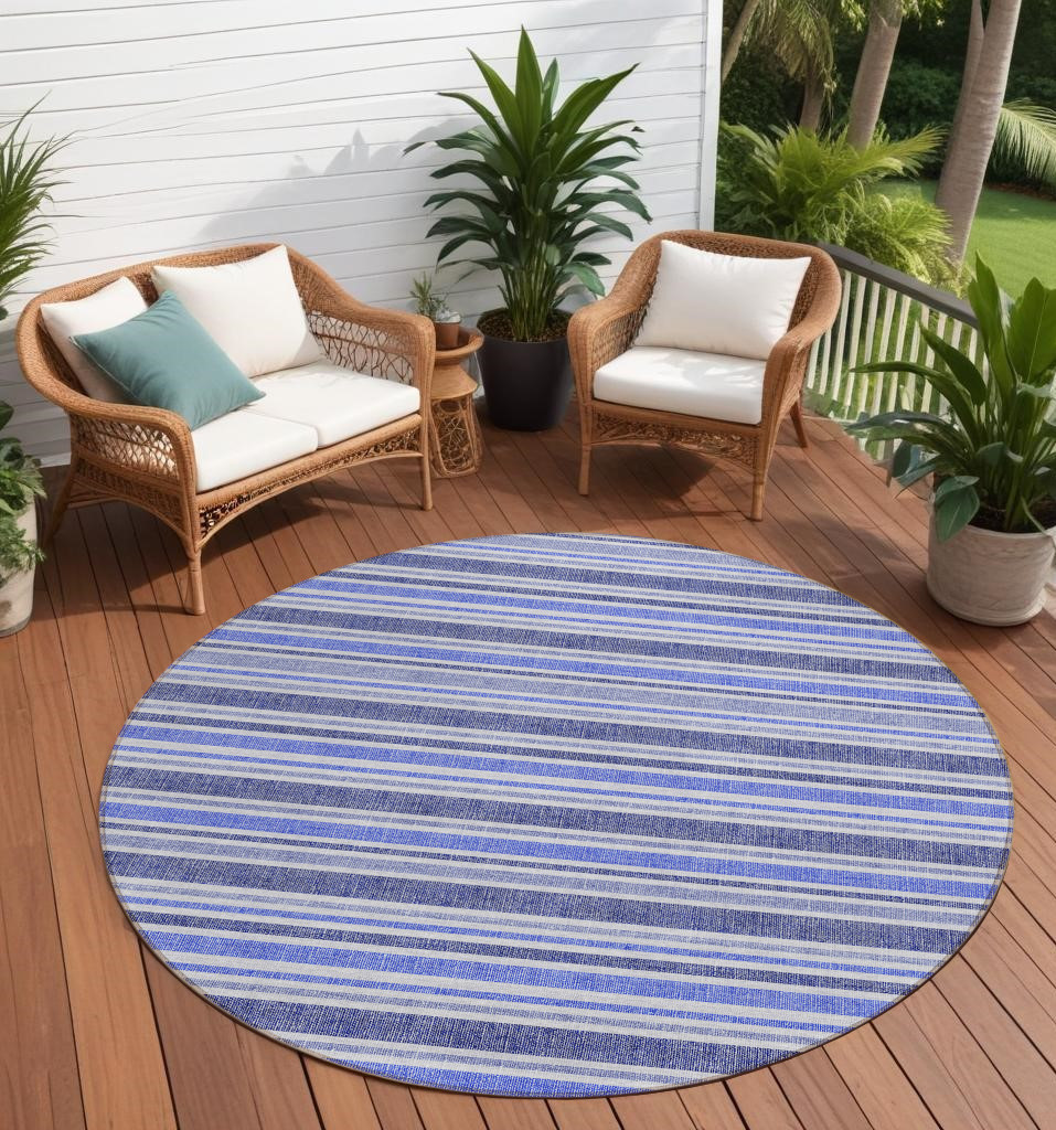 8' Round Blue Round Striped Washable Non Skid Indoor Outdoor Area Rug-561136-1