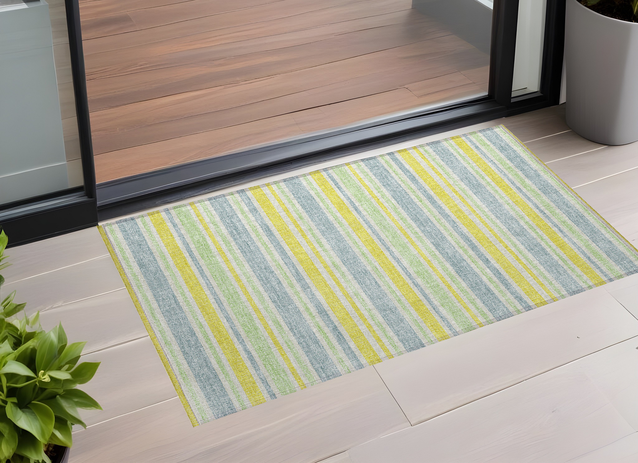 2' X 3' Blue and Yellow Striped Washable Non Skid Indoor Outdoor Area Rug-561140-1