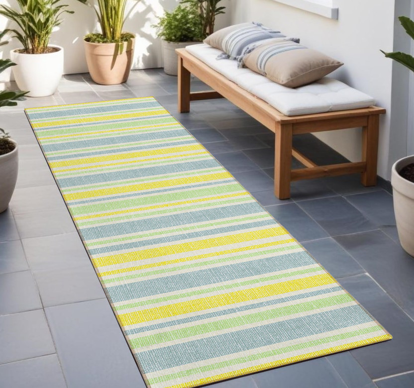 2' X 8' Blue and Yellow Striped Washable Indoor Outdoor Runner Rug-561141-1