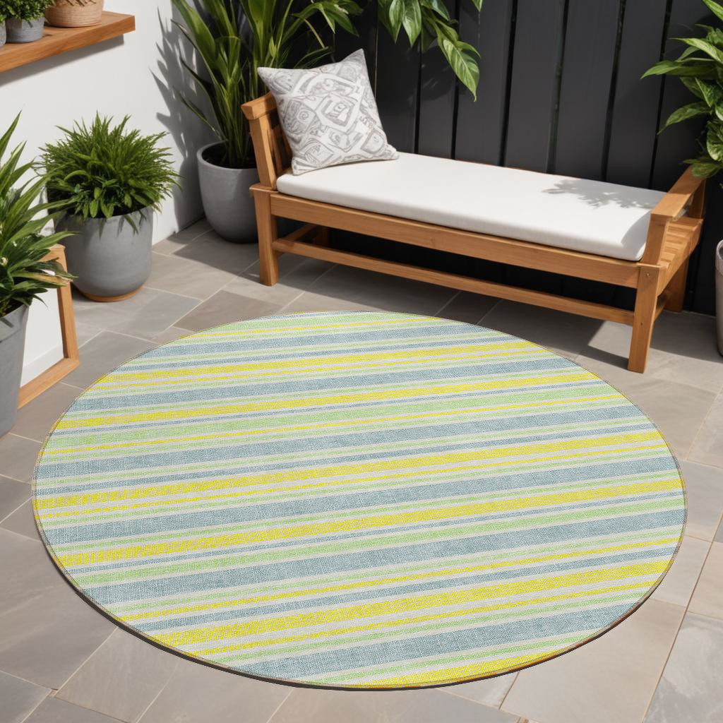 8' Round Blue and Yellow Round Striped Washable Non Skid Indoor Outdoor Area Rug-561145-1