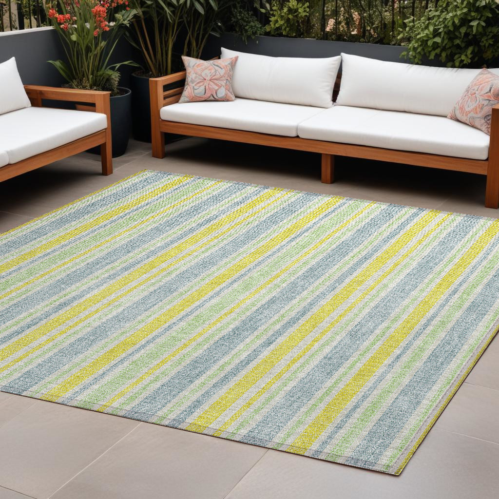 10' X 14' Blue and Yellow Striped Washable Non Skid Indoor Outdoor Area Rug-561148-1