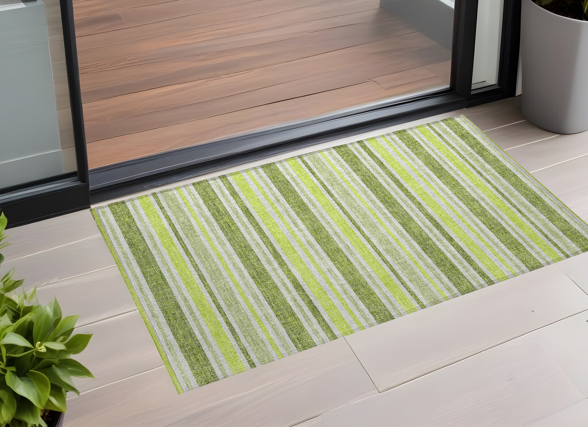 2' X 3' Green and Yellow Striped Washable Non Skid Indoor Outdoor Area Rug-561149-1