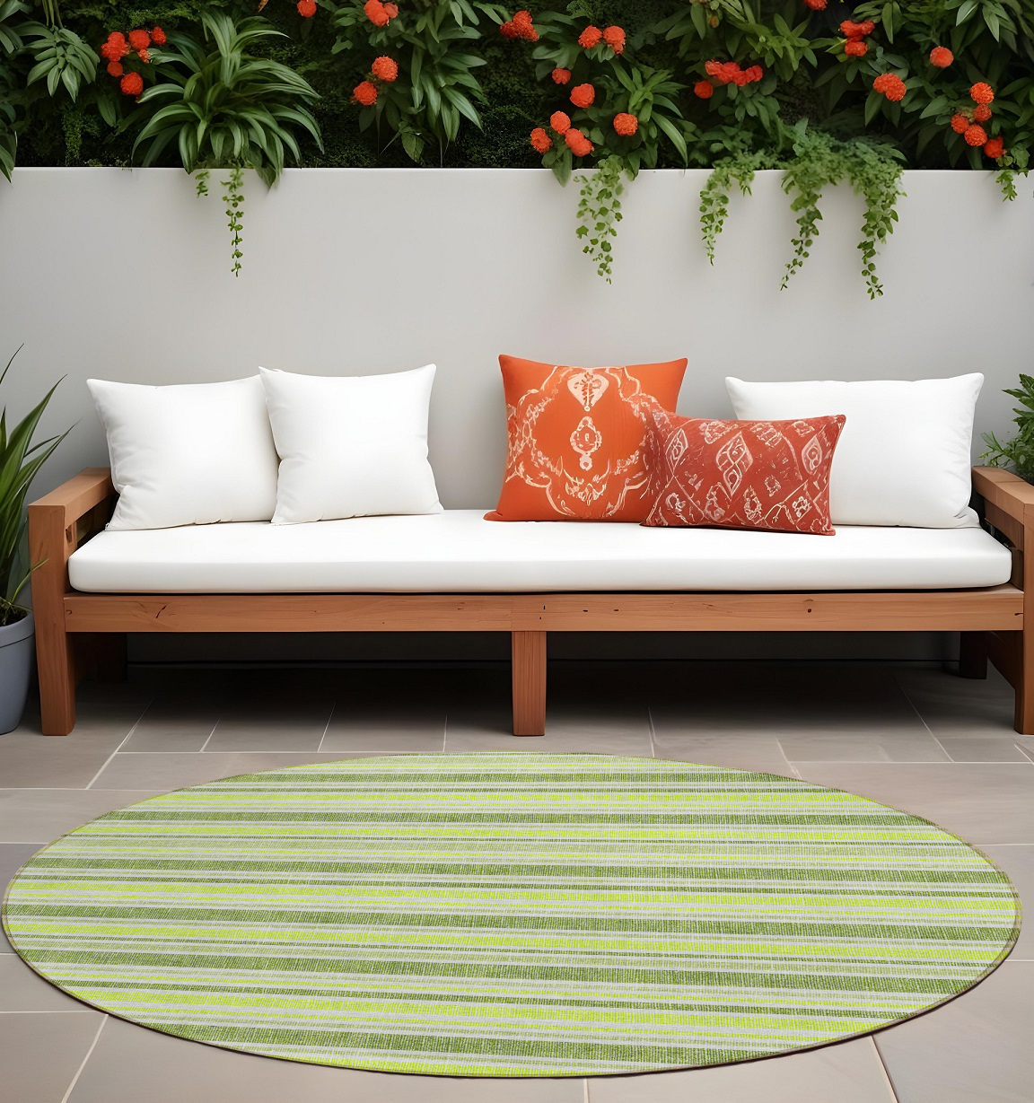 8' Round Green and Yellow Round Striped Washable Non Skid Indoor Outdoor Area Rug-561154-1