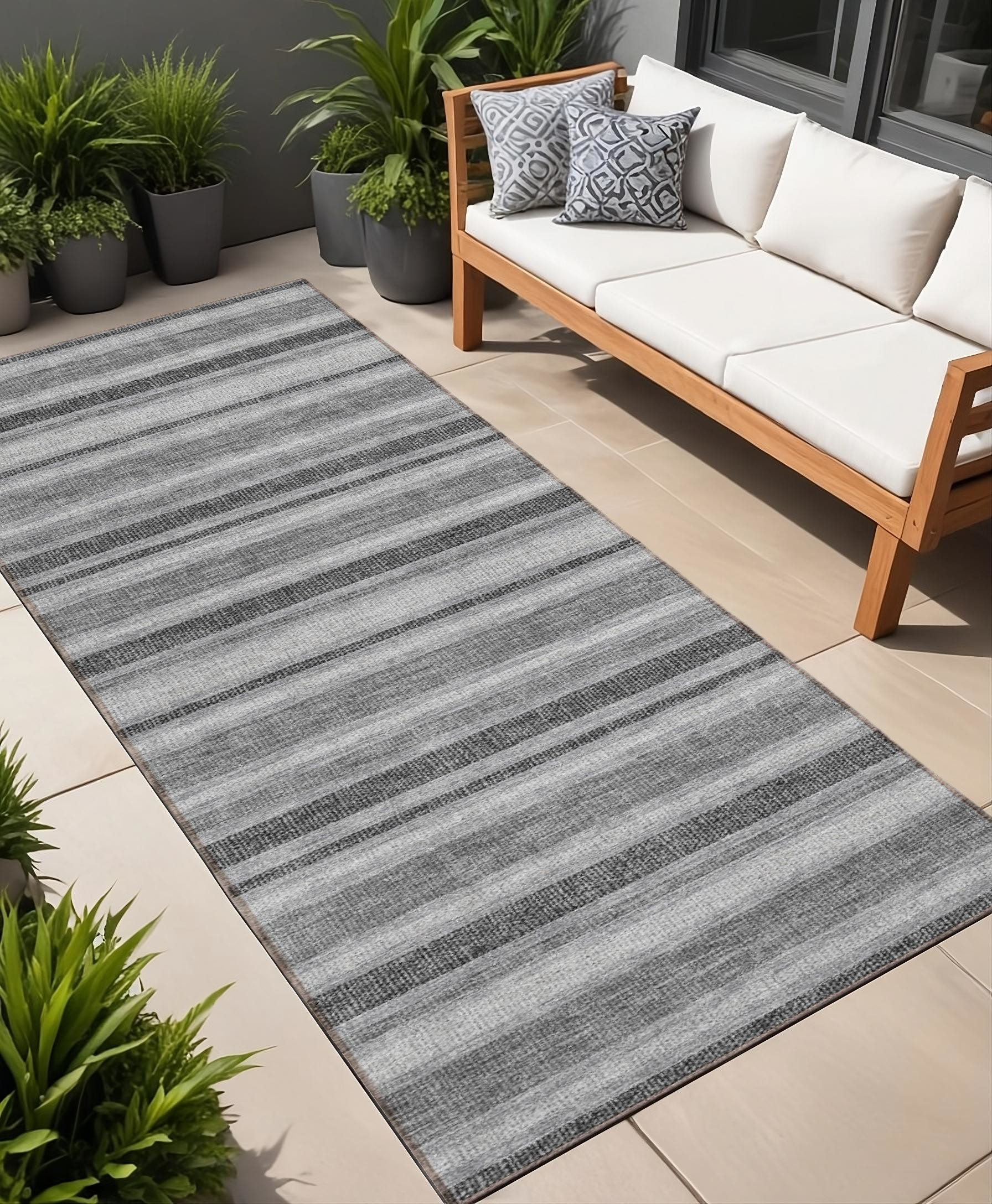 2' X 8' Gray and Black Striped Washable Indoor Outdoor Runner Rug-561159-1