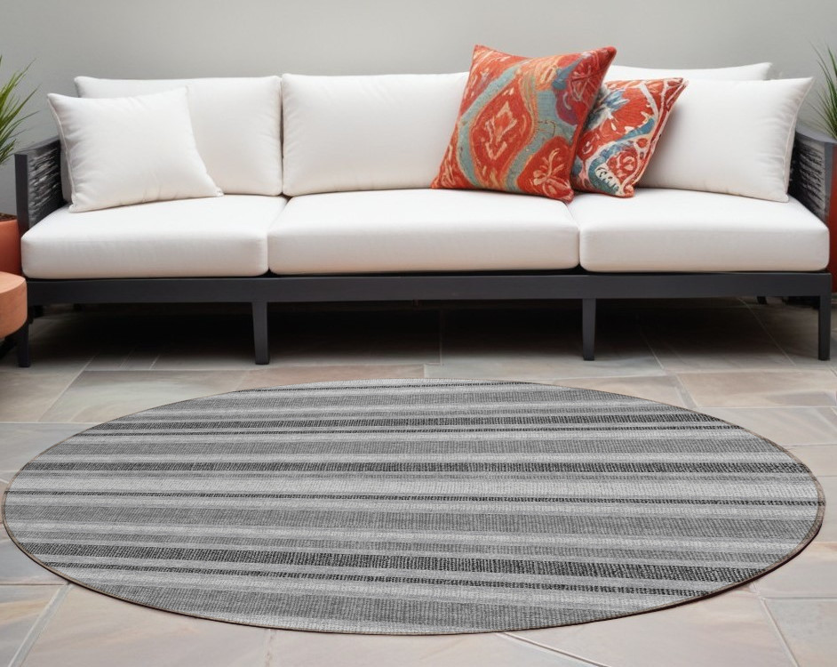 8' Round Gray and Black Round Striped Washable Non Skid Indoor Outdoor Area Rug-561163-1