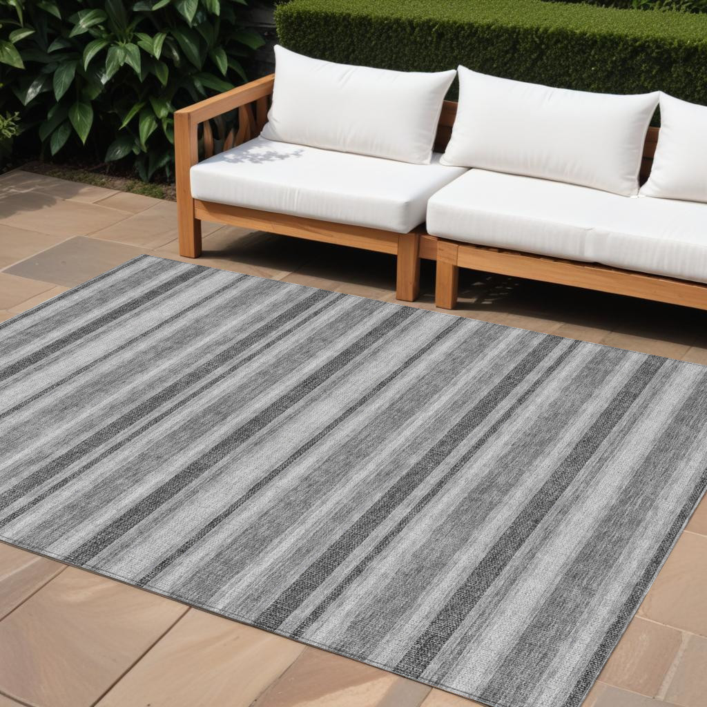 9' X 12' Gray and Black Striped Washable Indoor Outdoor Area Rug-561165-1