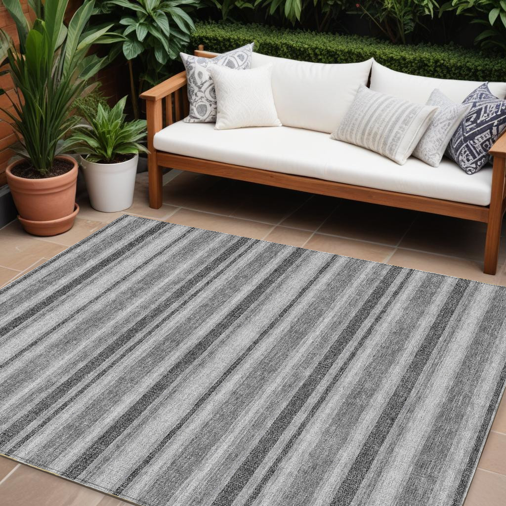 10' X 14' Gray and Black Striped Washable Non Skid Indoor Outdoor Area Rug-561166-1