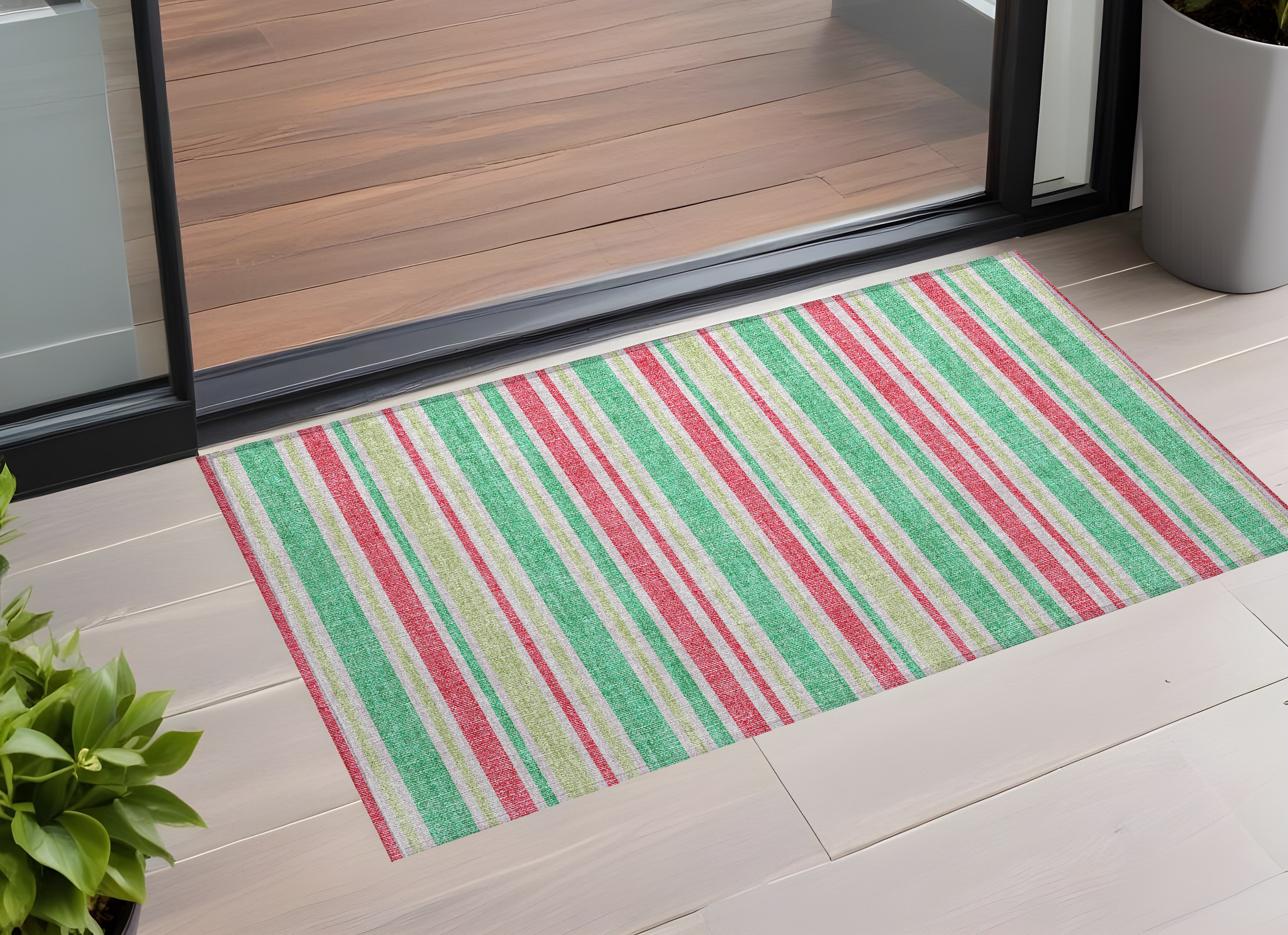 2' X 3' Green Striped Washable Non Skid Indoor Outdoor Area Rug-561167-1