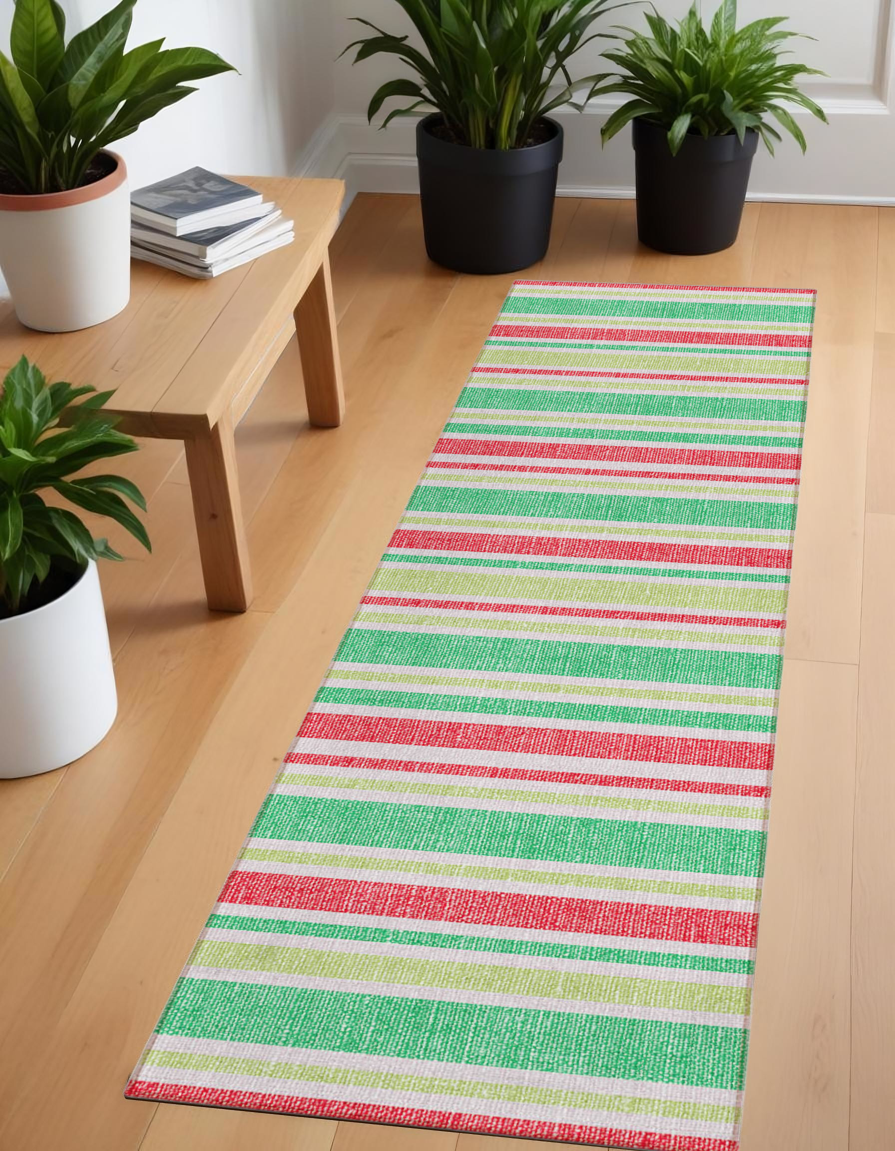 2' X 8' Red Green and White Striped Washable Non Skid Indoor Outdoor Area Rug-561168-1