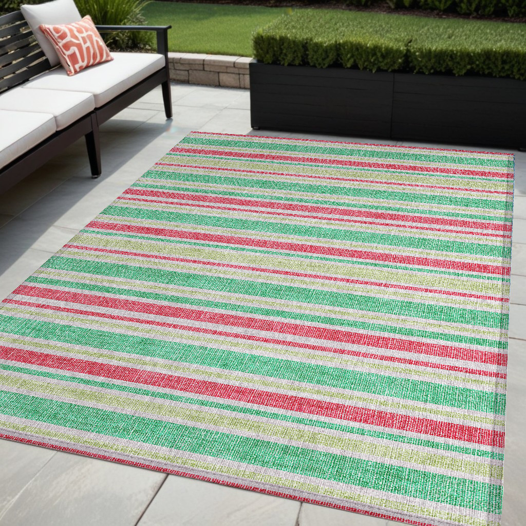 5' X 8' Green Striped Washable Non Skid Indoor Outdoor Area Rug-561171-1