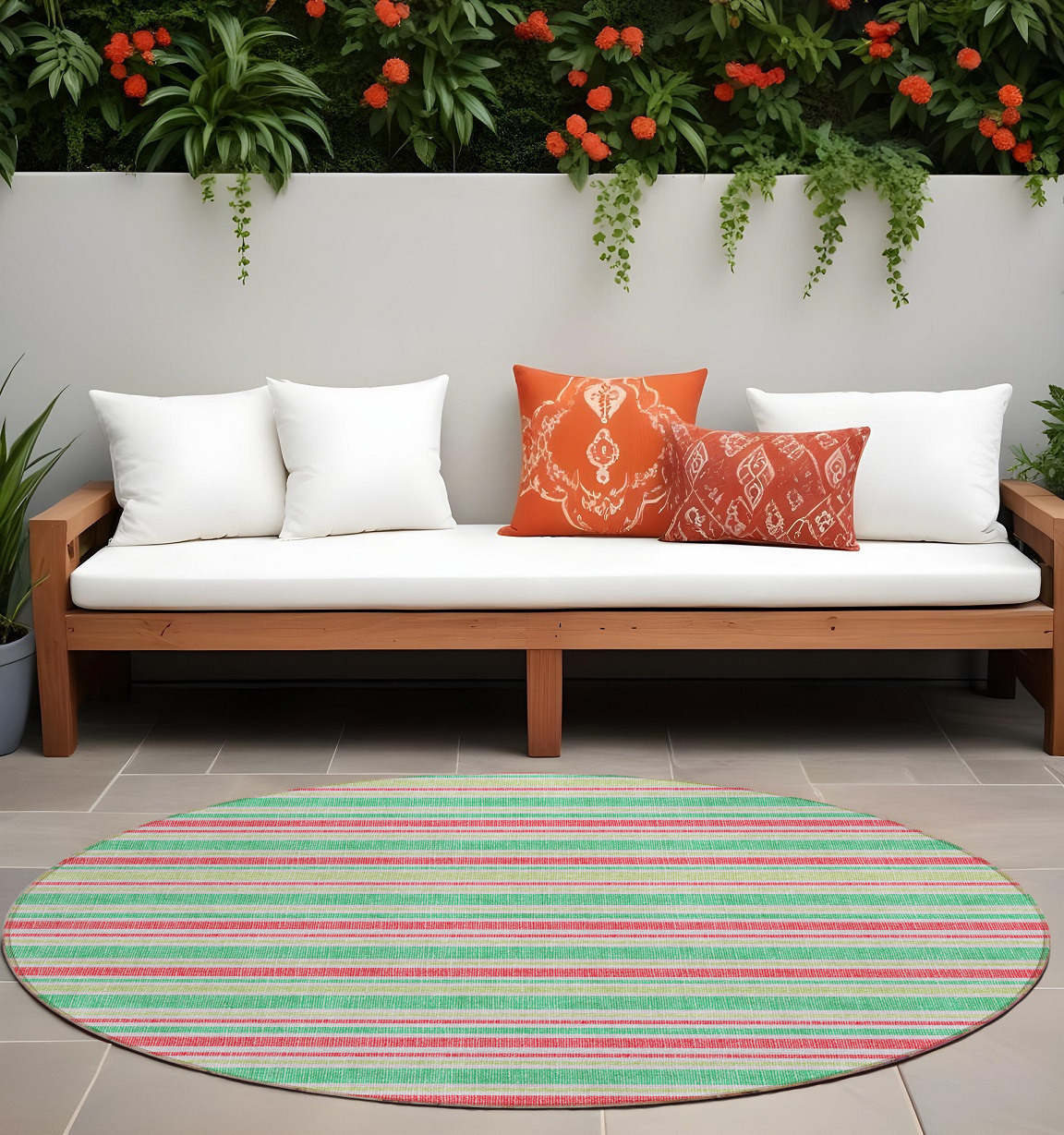 8' Round Green Round Striped Washable Non Skid Indoor Outdoor Area Rug-561172-1