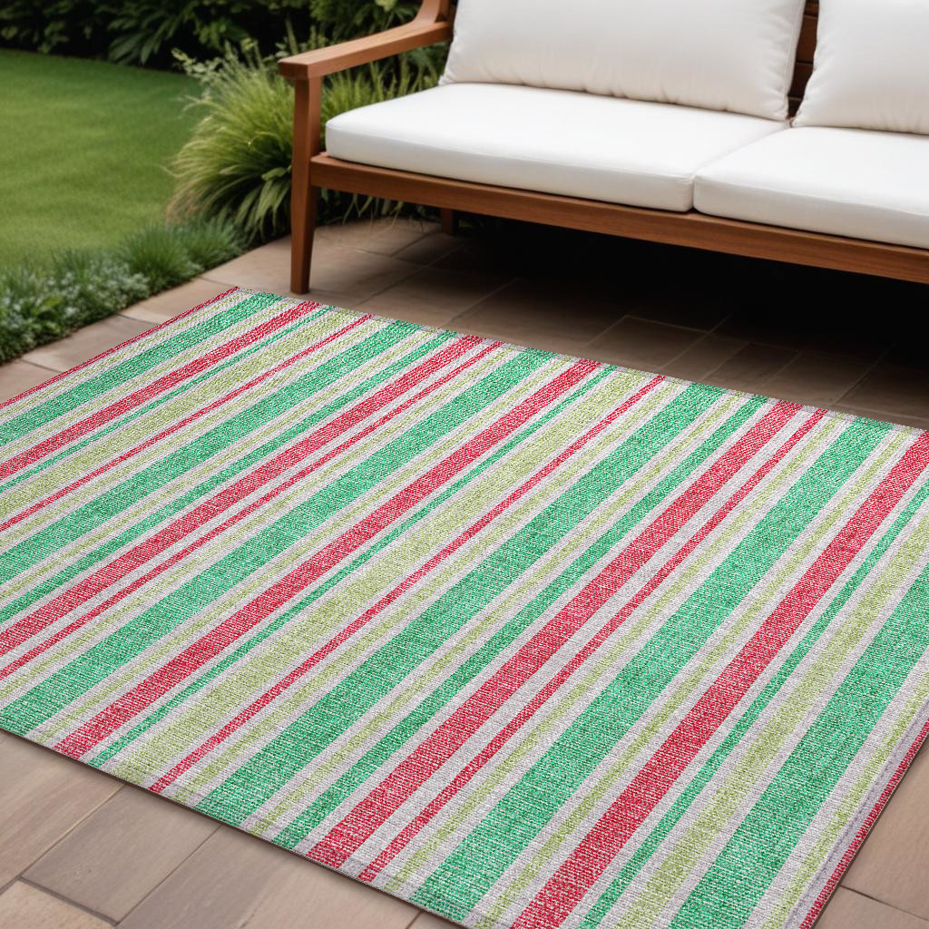10' X 14' Green Striped Washable Non Skid Indoor Outdoor Area Rug-561175-1