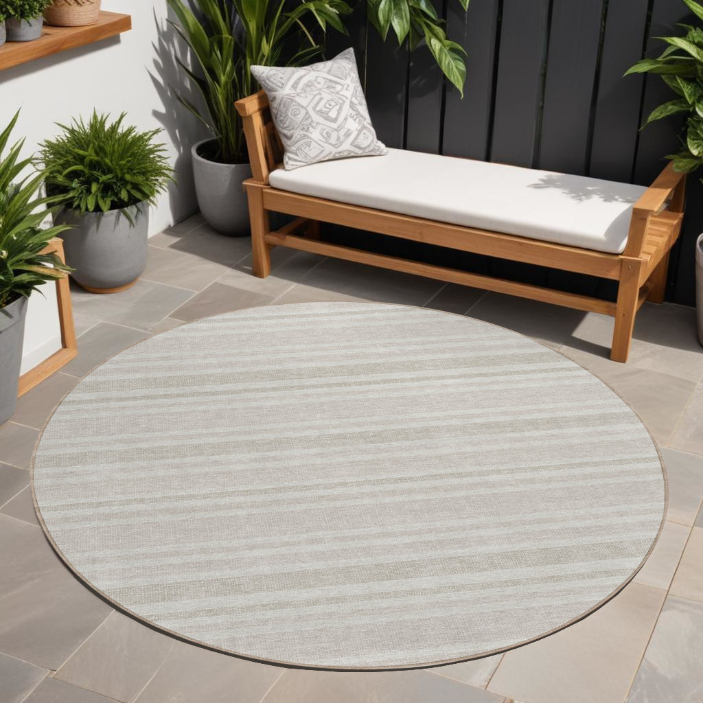 8' X 8' Ivory Round Striped Washable Indoor Outdoor Area Rug-561181-1