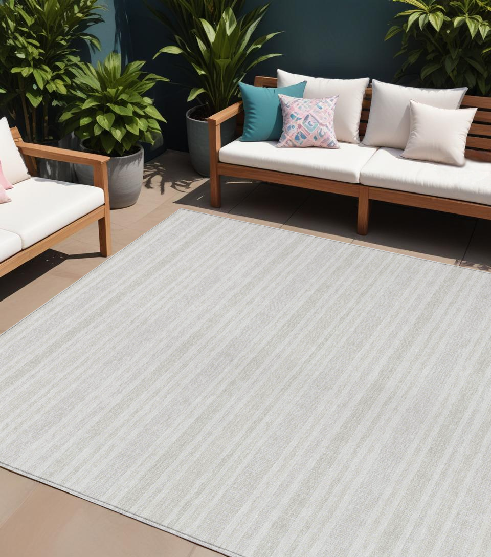 10' X 14' Ivory Striped Washable Indoor Outdoor Area Rug-561184-1