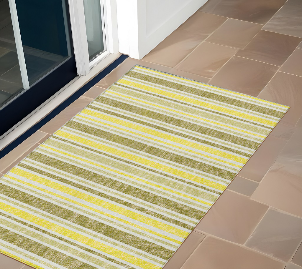 2' X 3' Khaki Yellow and Gray Striped Washable Non Skid Indoor Outdoor Area Rug-561185-1