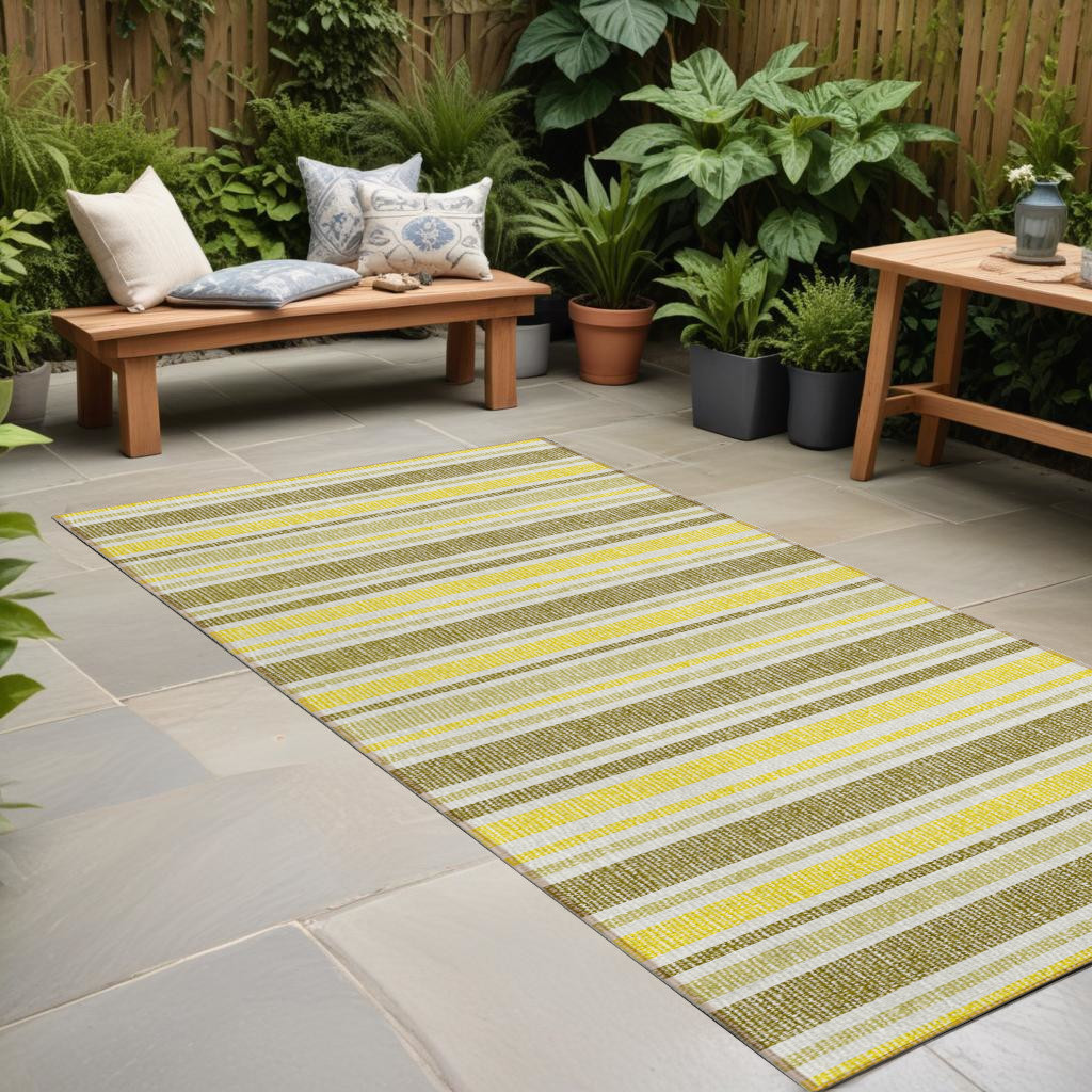 2' X 8' Khaki Yellow and Gray Striped Washable Non Skid Indoor Outdoor Runner Rug-561186-1