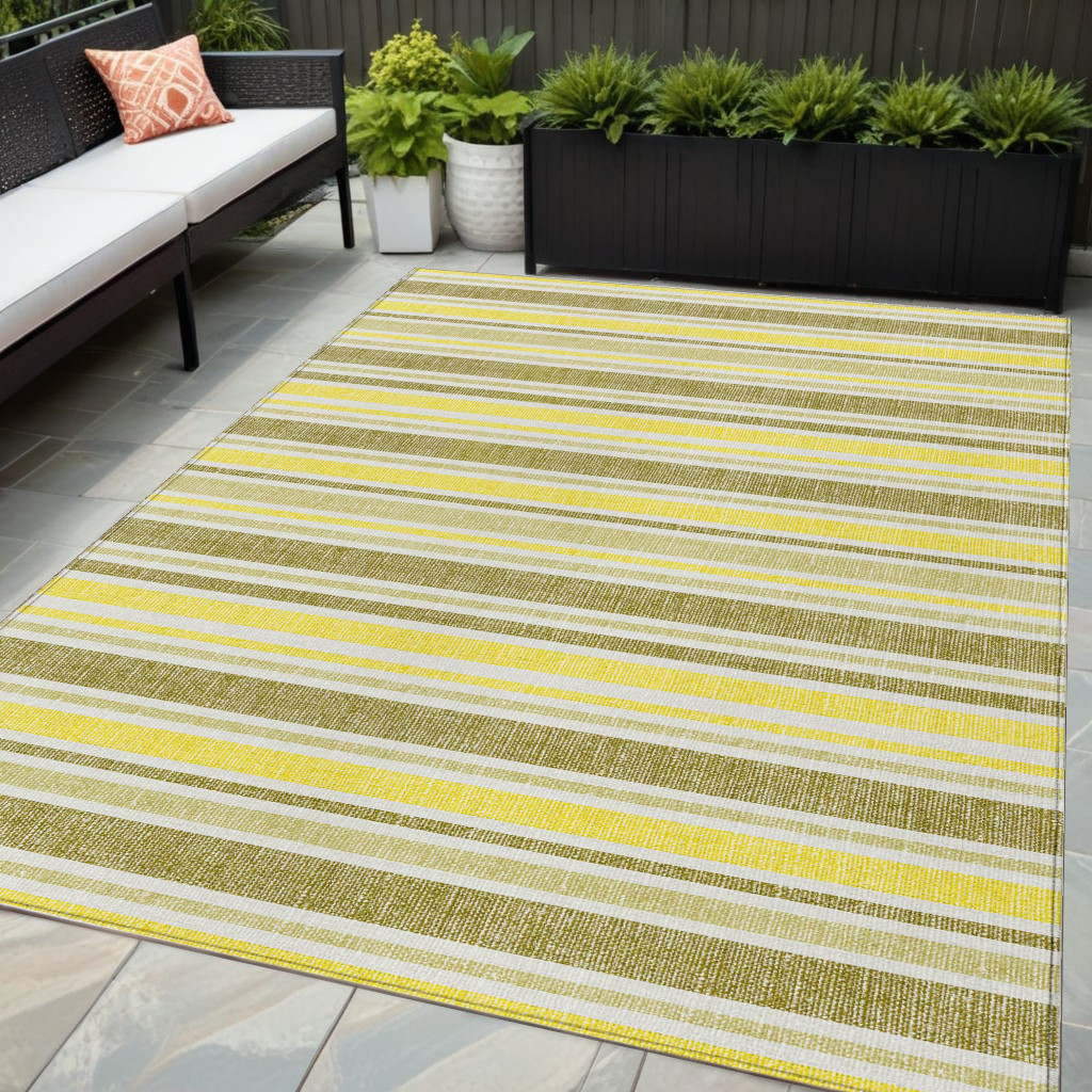 5' X 8' Khaki Yellow and Gray Striped Washable Non Skid Indoor Outdoor Area Rug-561189-1