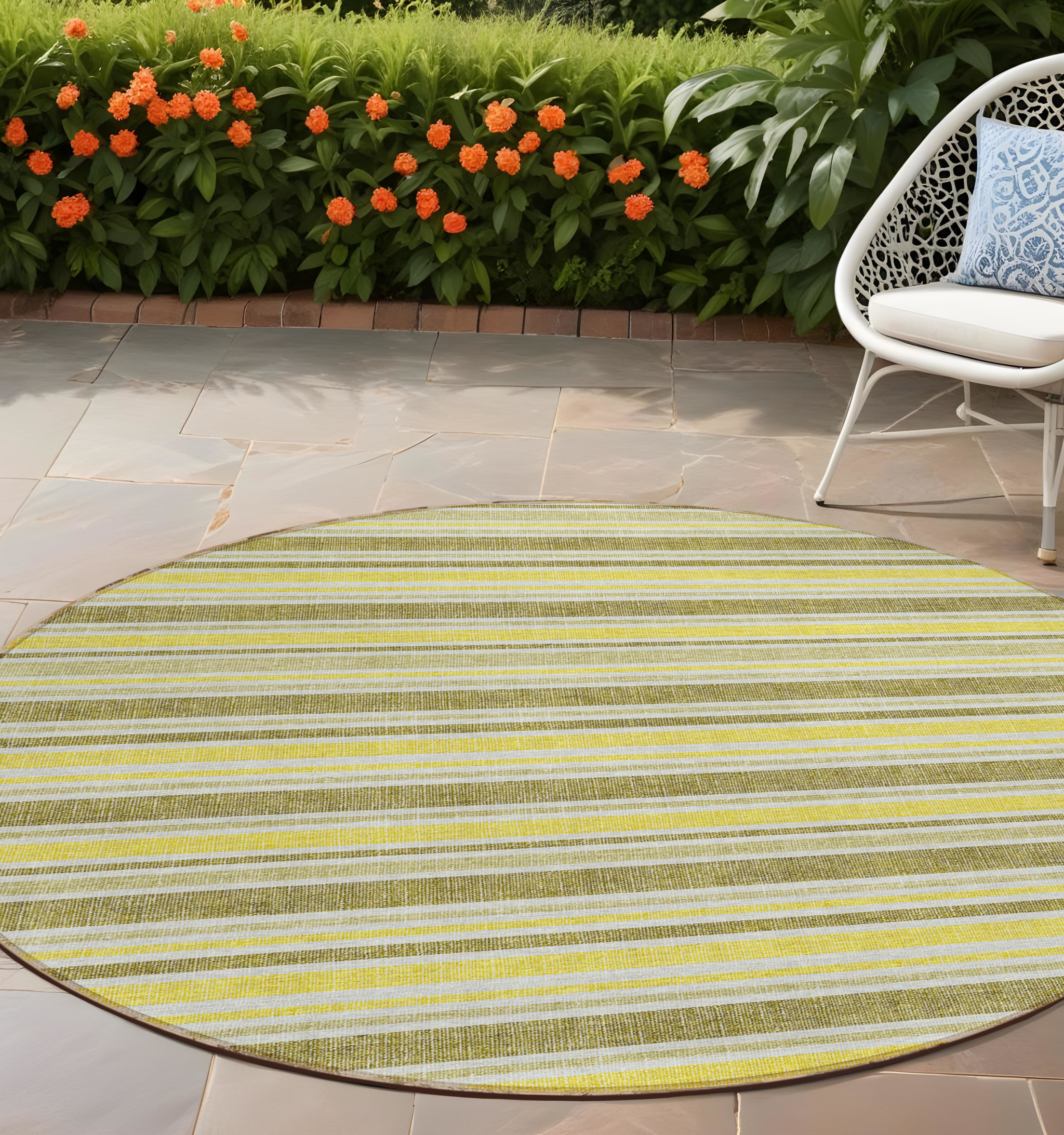 8' X 8' Khaki Yellow and Gray Round Striped Washable Non Skid Indoor Outdoor Area Rug-561190-1