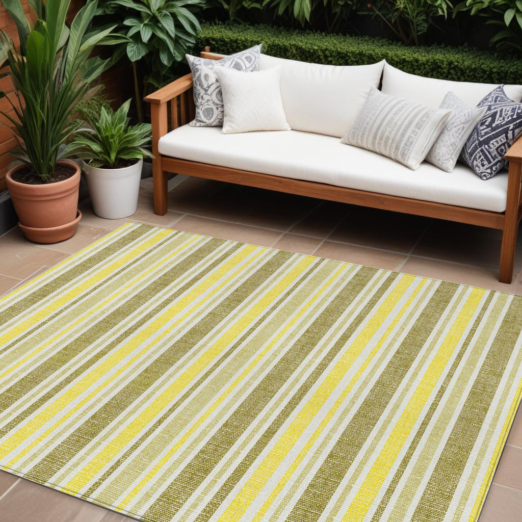 10' X 14' Khaki Yellow and Gray Striped Washable Non Skid Indoor Outdoor Area Rug-561193-1