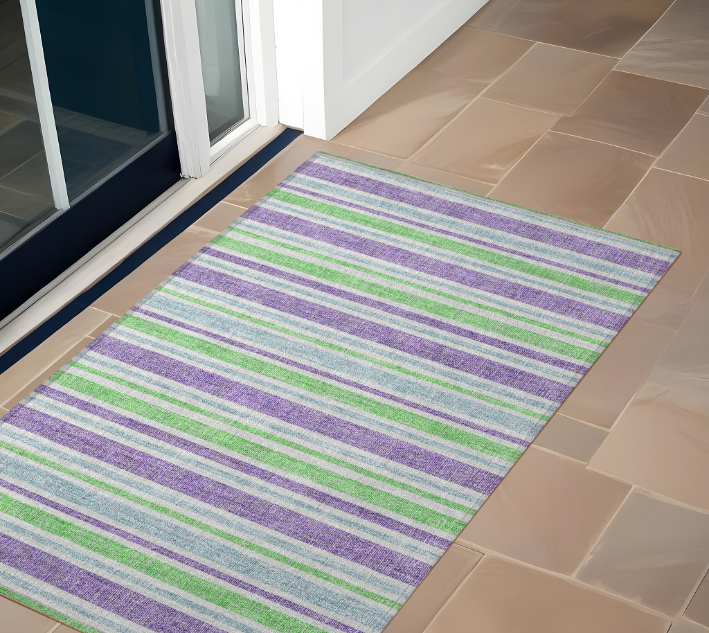 2' X 3' Green Purple and Blue Striped Washable Non Skid Indoor Outdoor Area Rug-561194-1