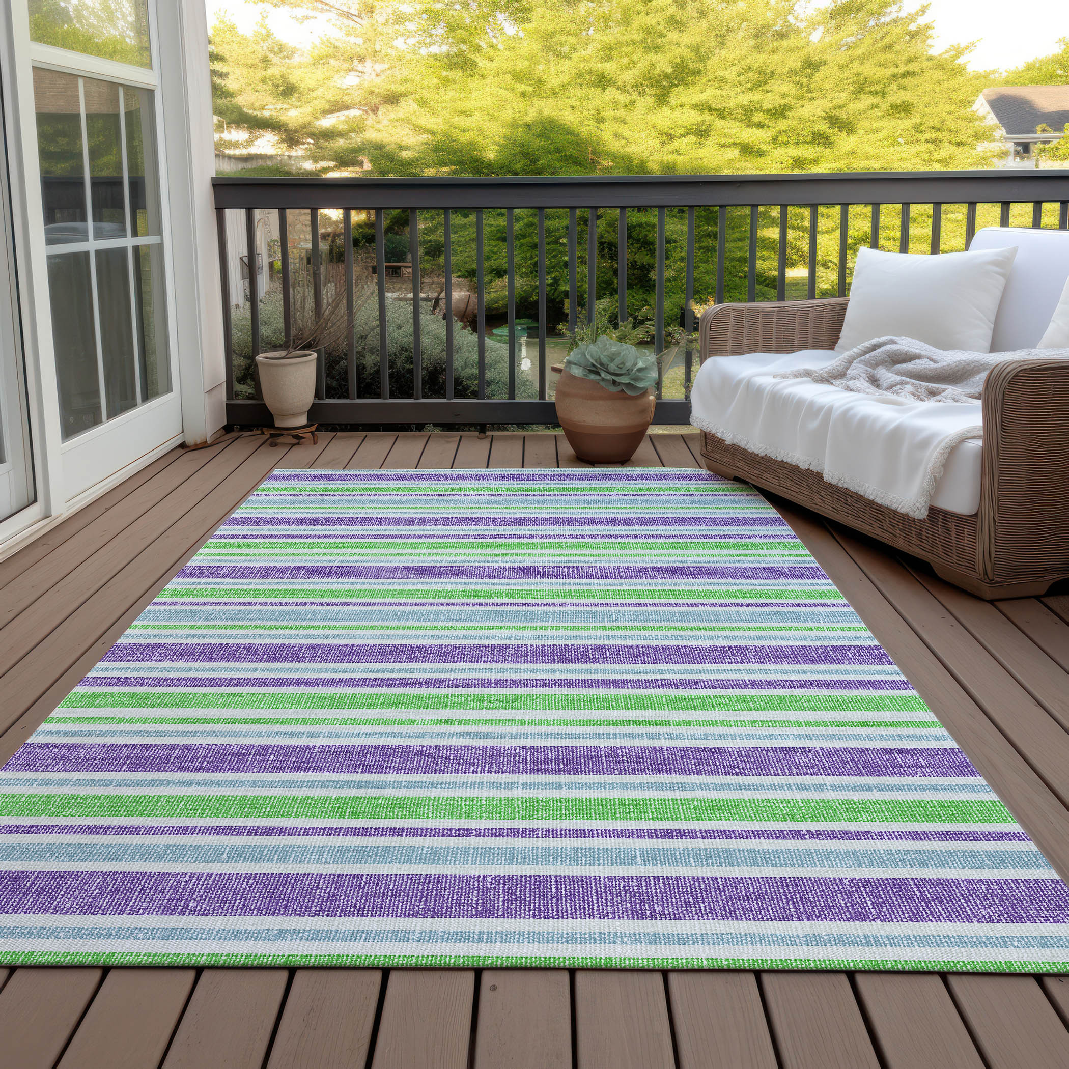 3' X 4' Green Purple and Blue Striped Washable Non Skid Indoor Outdoor