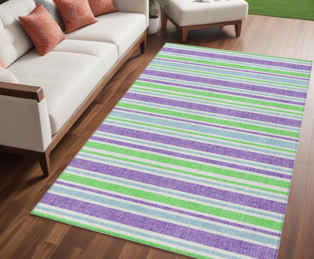 5' X 8' Green Purple and Blue Striped Washable Non Skid Indoor Outdoor Area Rug-561198-1
