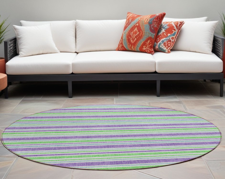 8' X 8' Green Purple and Blue Round Striped Washable Non Skid Indoor Outdoor Area Rug-561199-1