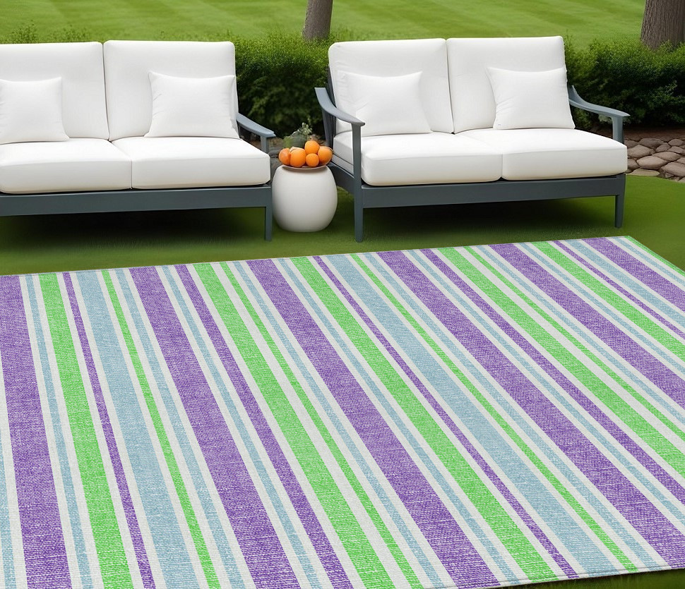 9' X 12' Green Purple and Blue Striped Washable Non Skid Indoor Outdoor Area Rug-561201-1