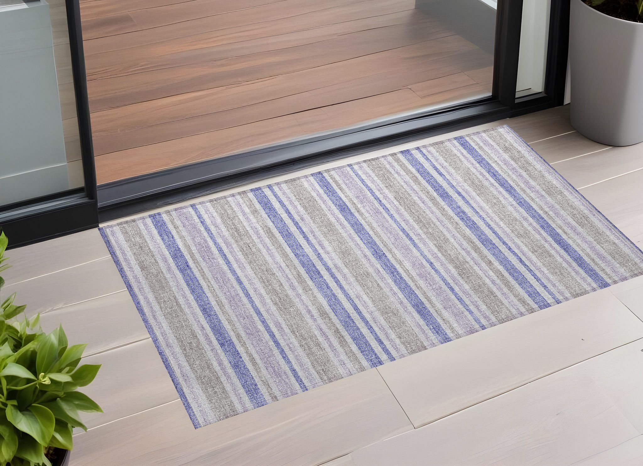 2' X 3' Ivory Blue and Gray Striped Washable Non Skid Indoor Outdoor Area Rug-561212-1