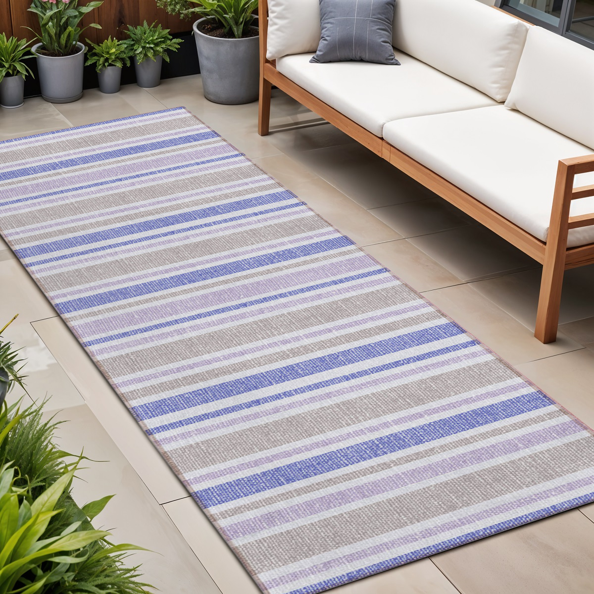 8' Navy Blue Striped Washable Indoor Outdoor Runner Rug-561213-1