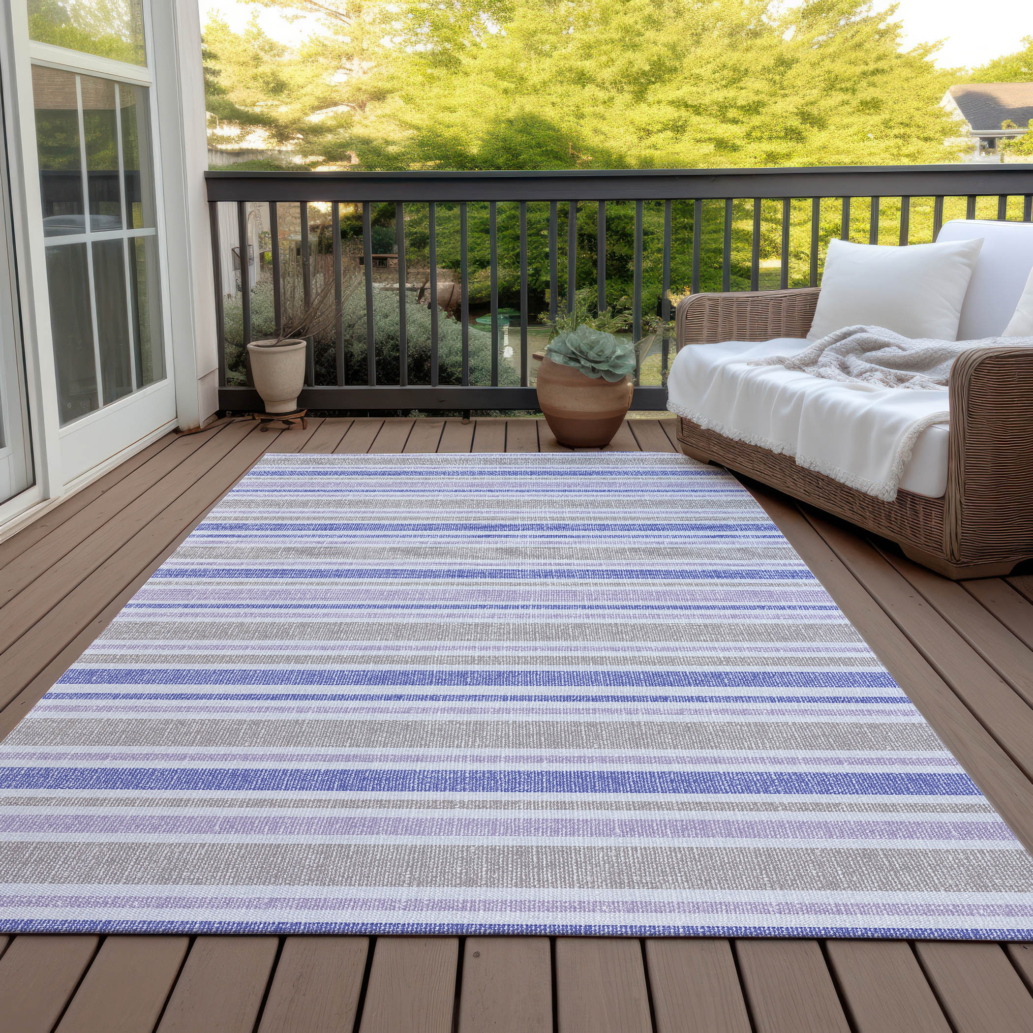 3' X 4' Ivory Blue and Gray Striped Washable Non Skid Indoor Outdoor