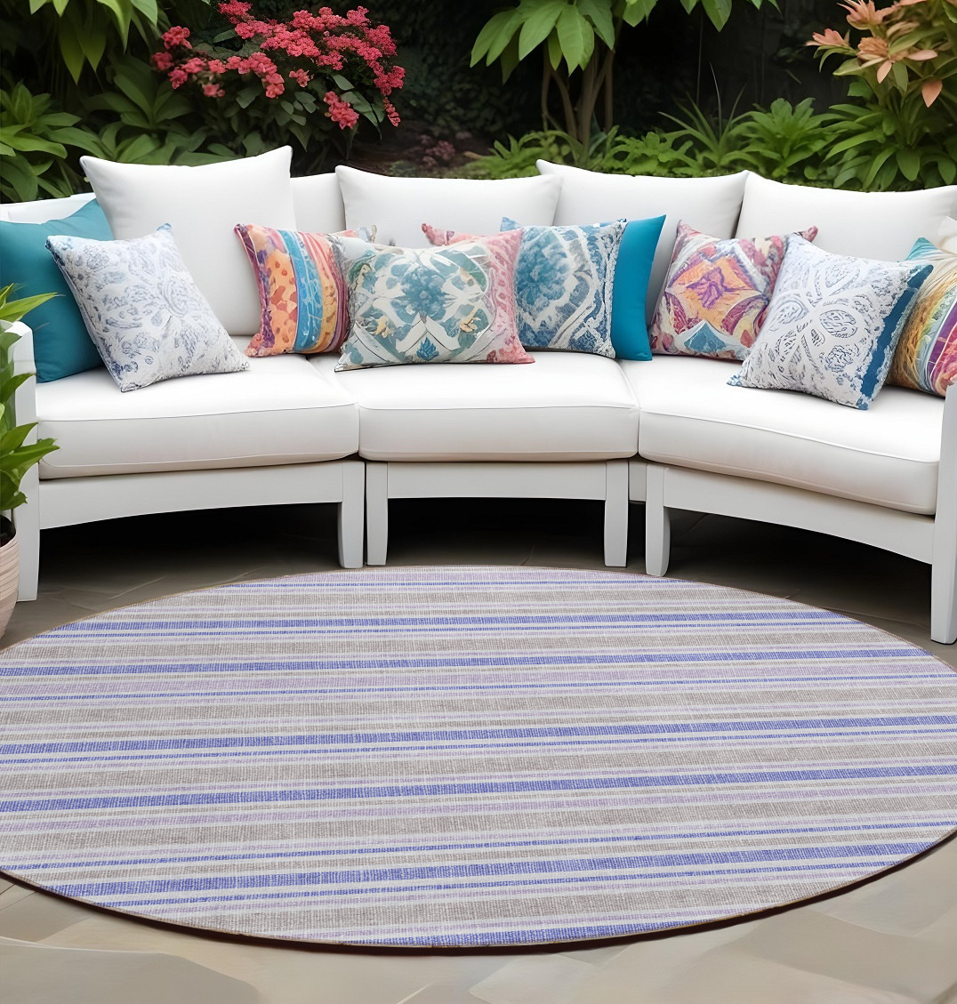 8' Ivory Blue And Gray Round Striped Washable Indoor Outdoor Area Rug-561217-1