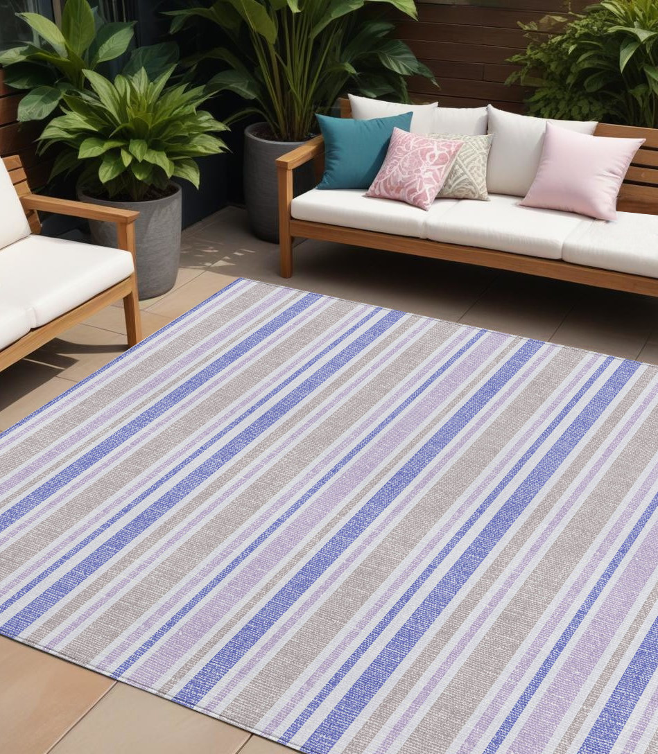 8' X 10' Ivory Blue and Gray Striped Washable Indoor Outdoor Area Rug-561218-1