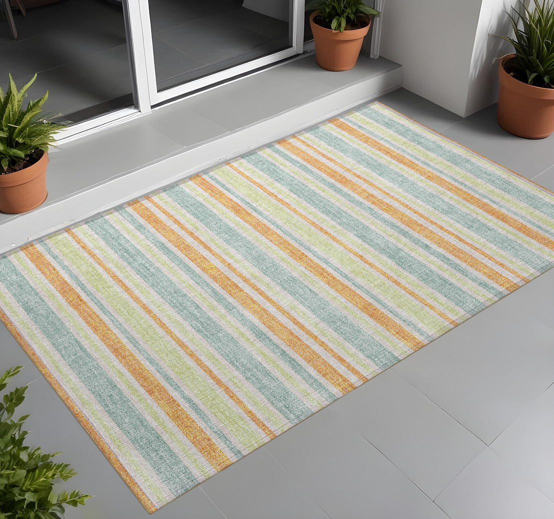2' X 3' Orange Green and Blue Striped Washable Non Skid Indoor Outdoor Area Rug-561221-1