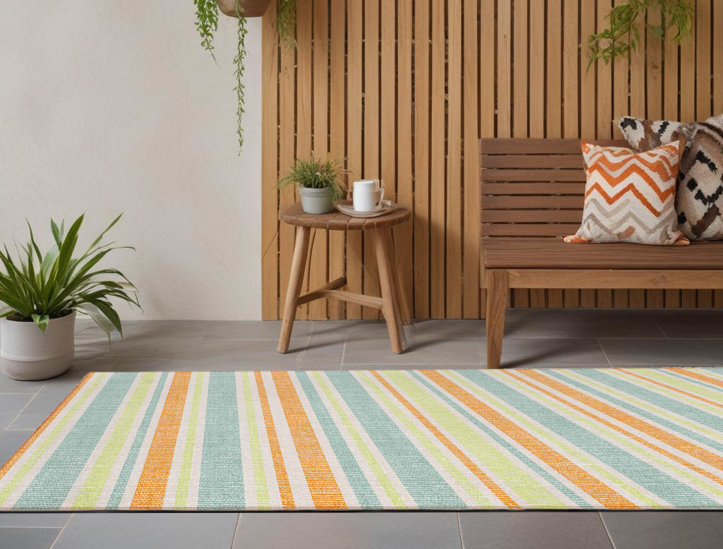 2' X 8' Orange Green and Blue Striped Washable Non Skid Indoor Outdoor Area Rug-561222-1