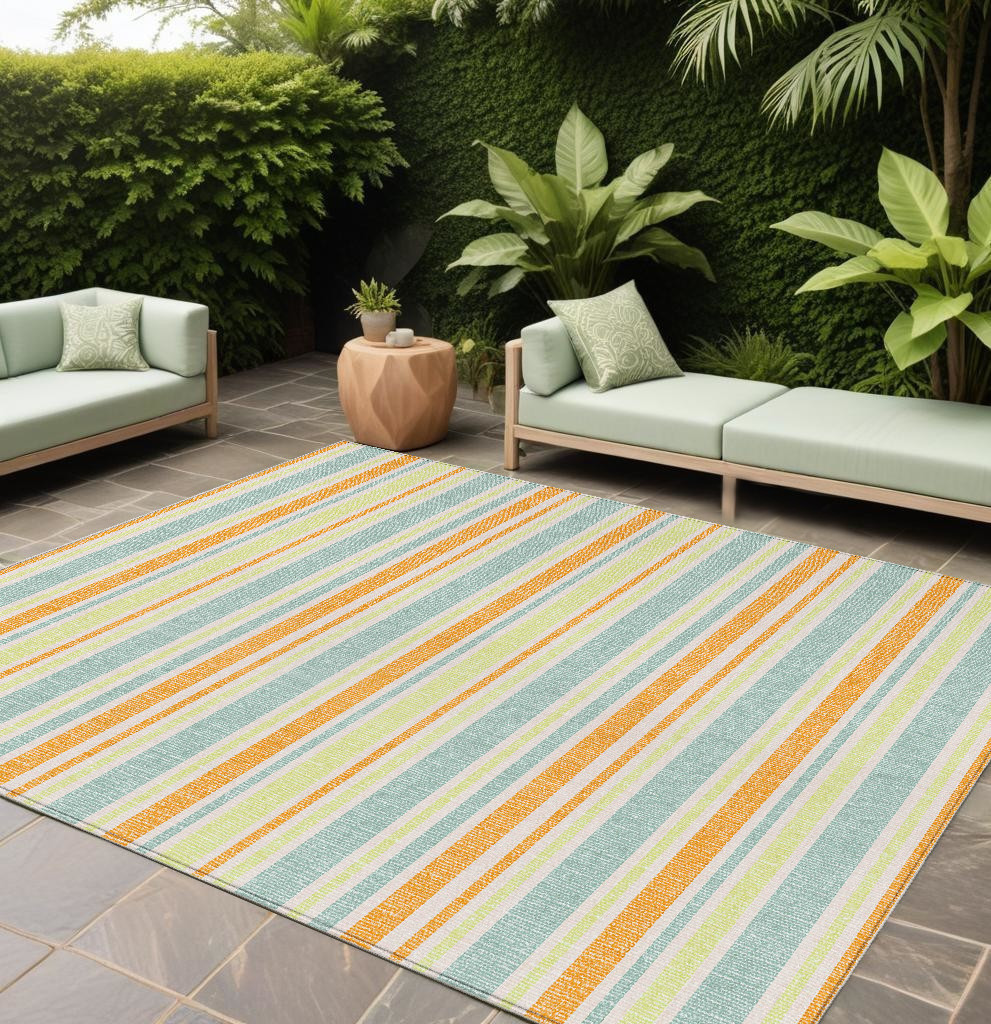 10' X 14' Orange Striped Washable Non Skid Indoor Outdoor Area Rug-561229-1