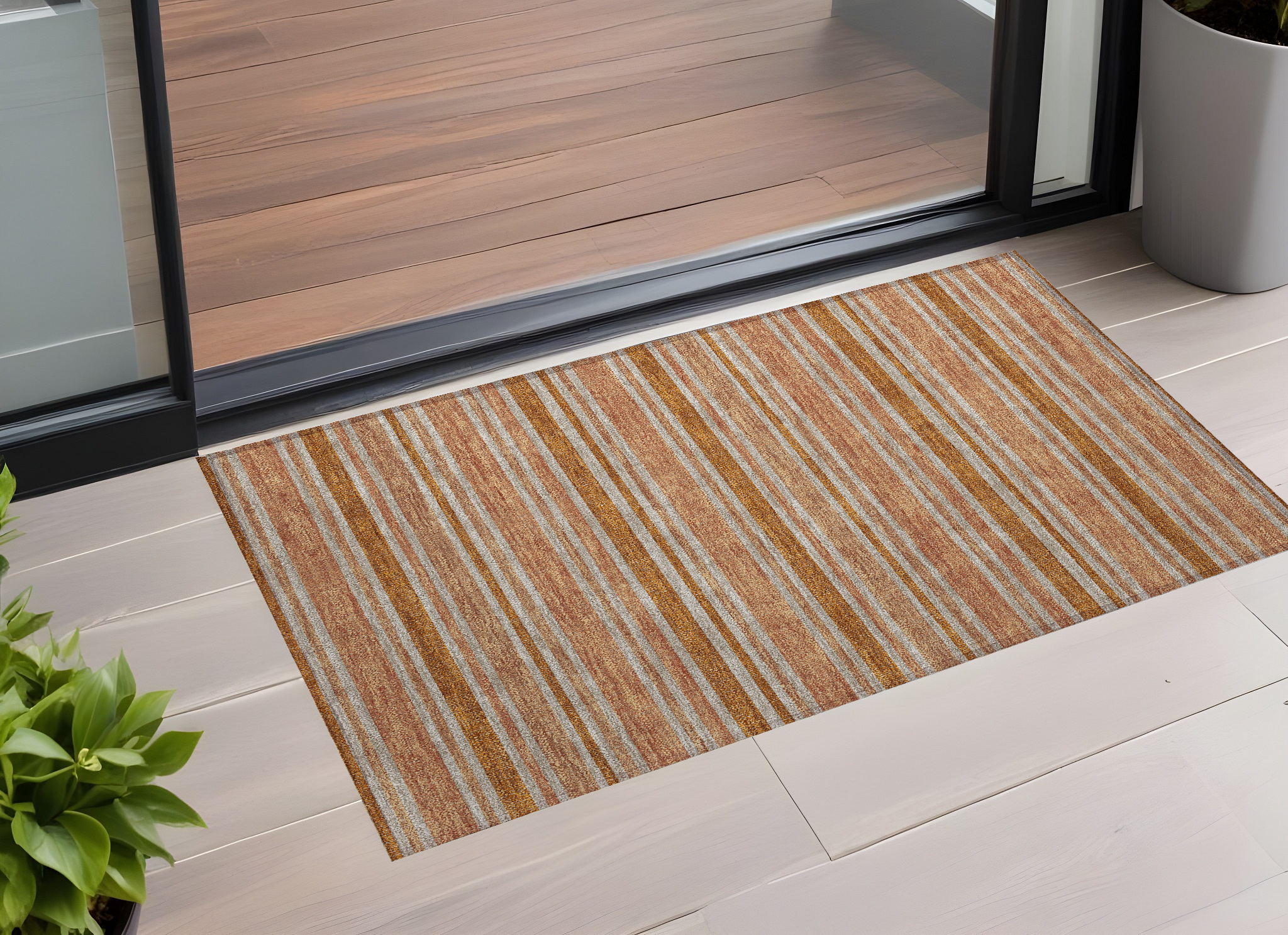 2' X 3' Beige and Orange Striped Washable Non Skid Indoor Outdoor Area Rug-561230-1