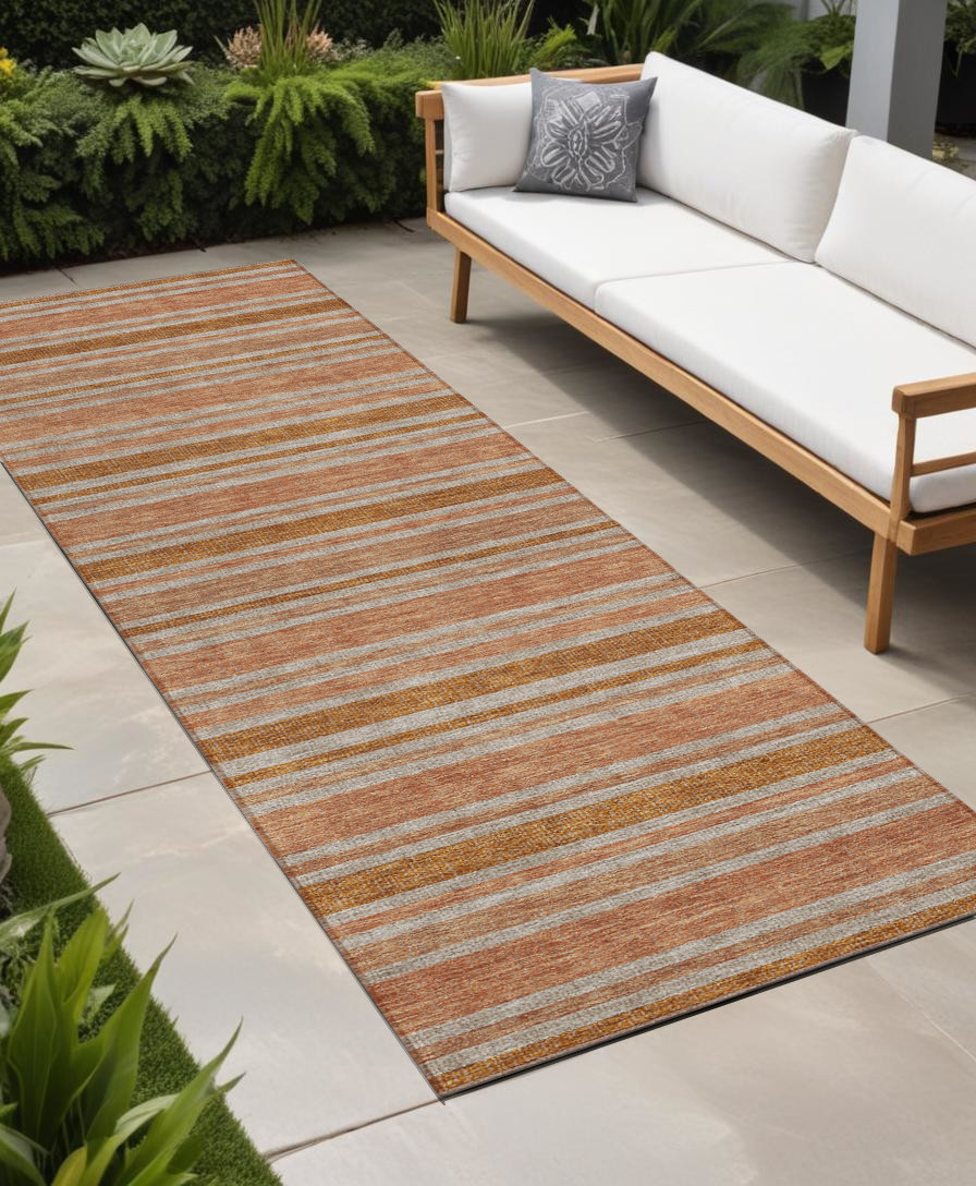 8' Beige And Orange Striped Washable Indoor Outdoor Runner Rug-561231-1