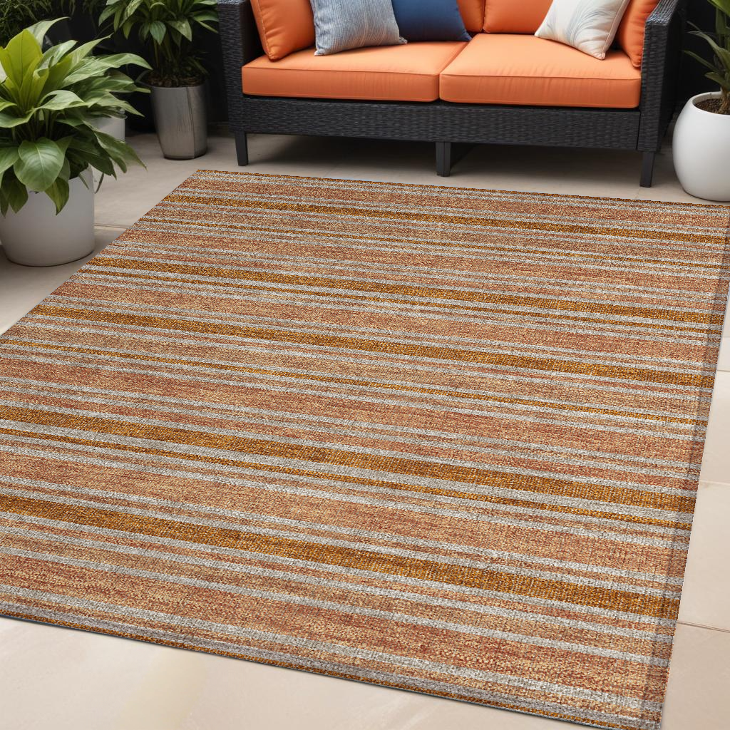 5' X 8' Beige and Orange Striped Washable Non Skid Indoor Outdoor Area Rug-561234-1