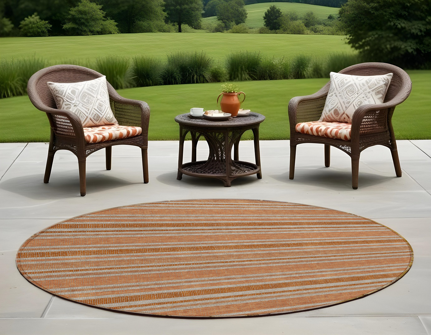 8' Round Beige and Orange Round Striped Washable Non Skid Indoor Outdoor Area Rug-561235-1
