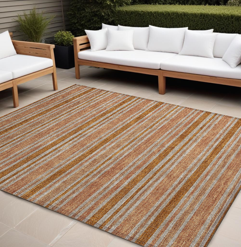 10' X 14' Beige and Orange Striped Washable Non Skid Indoor Outdoor Area Rug-561238-1