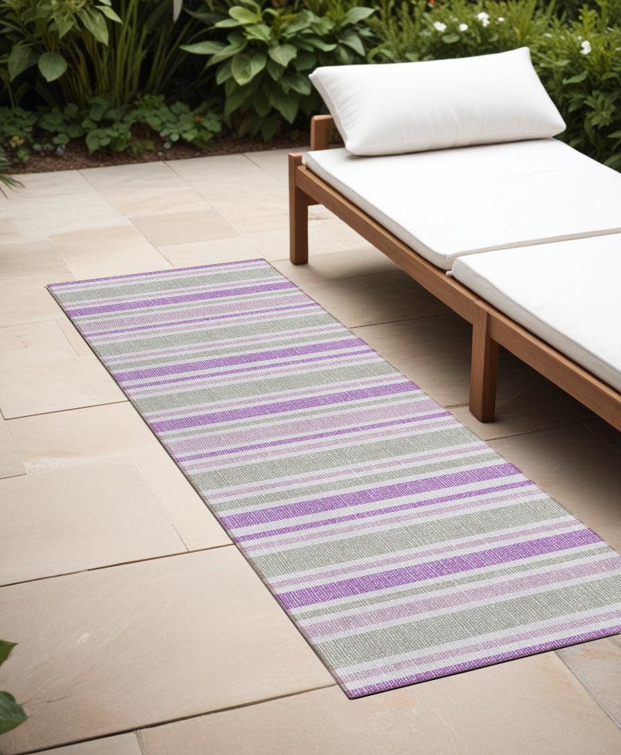 2' X 8' Purple Gray and White Striped Washable Non Skid Indoor Outdoor Area Rug-561240-1
