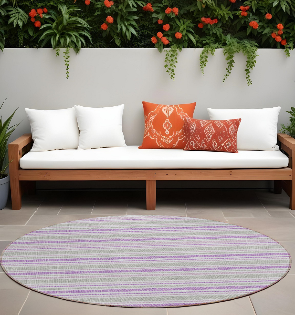 8' X 8' Purple Gray and White Round Striped Washable Non Skid Indoor Outdoor Area Rug-561244-1