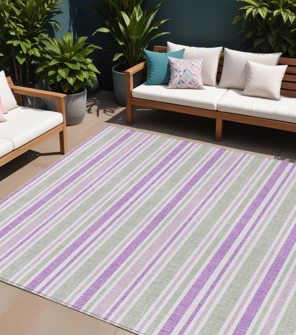 9' X 12' Purple Gray and White Striped Washable Non Skid Indoor Outdoor Area Rug-561246-1