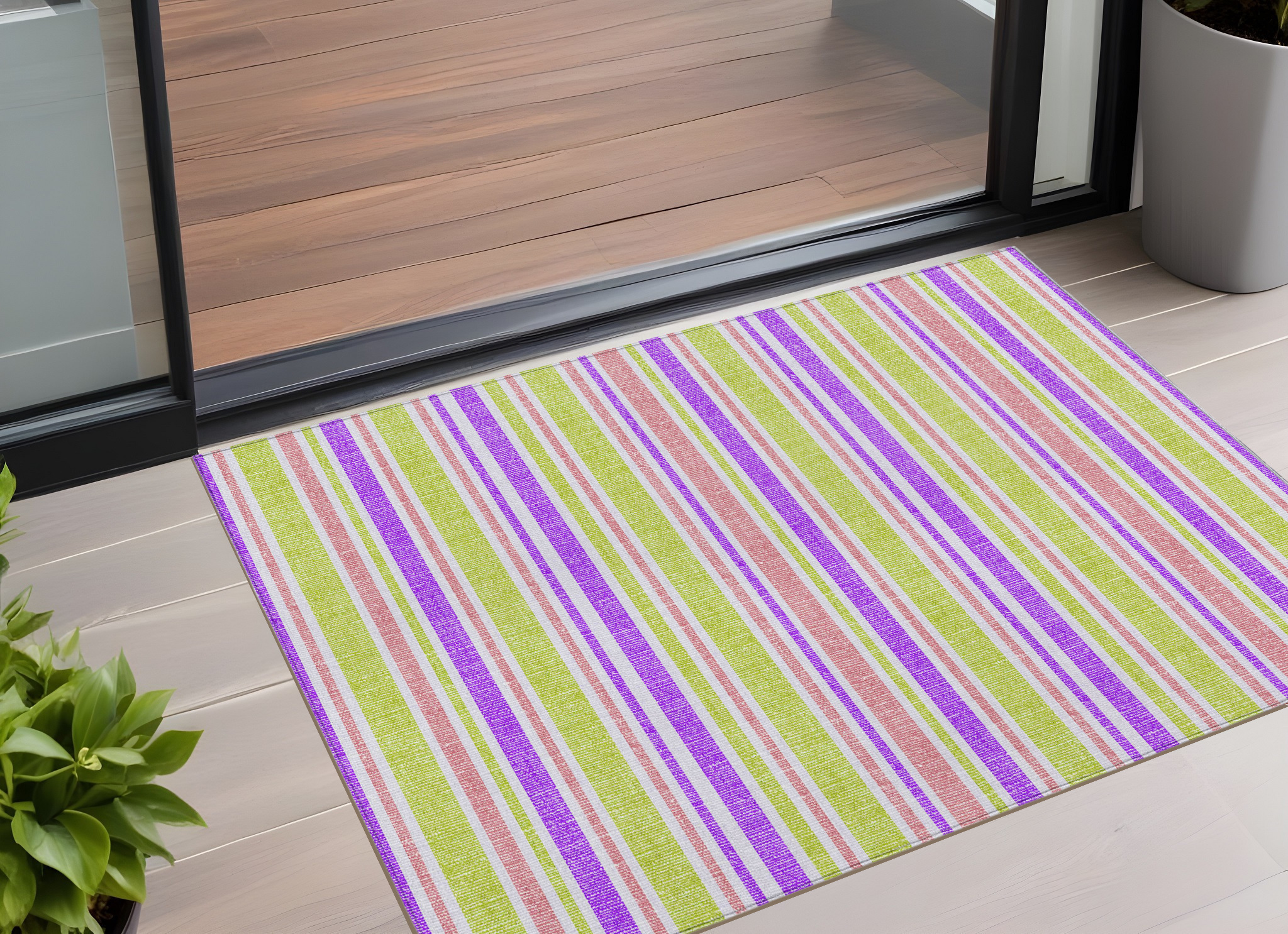 2' X 3' Purple Green and Pink Striped Washable Non Skid Indoor Outdoor Area Rug-561248-1