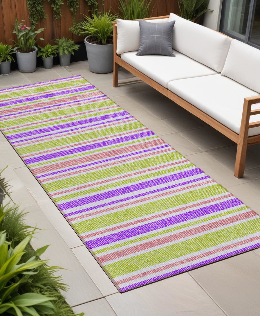2' X 8' Purple Green and Pink Striped Washable Non Skid Indoor Outdoor Runner Rug-561249-1