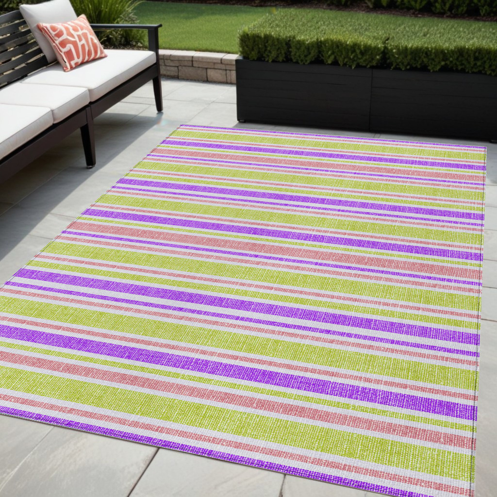 5' X 8' Purple Green and Pink Striped Washable Non Skid Indoor Outdoor Area Rug-561252-1