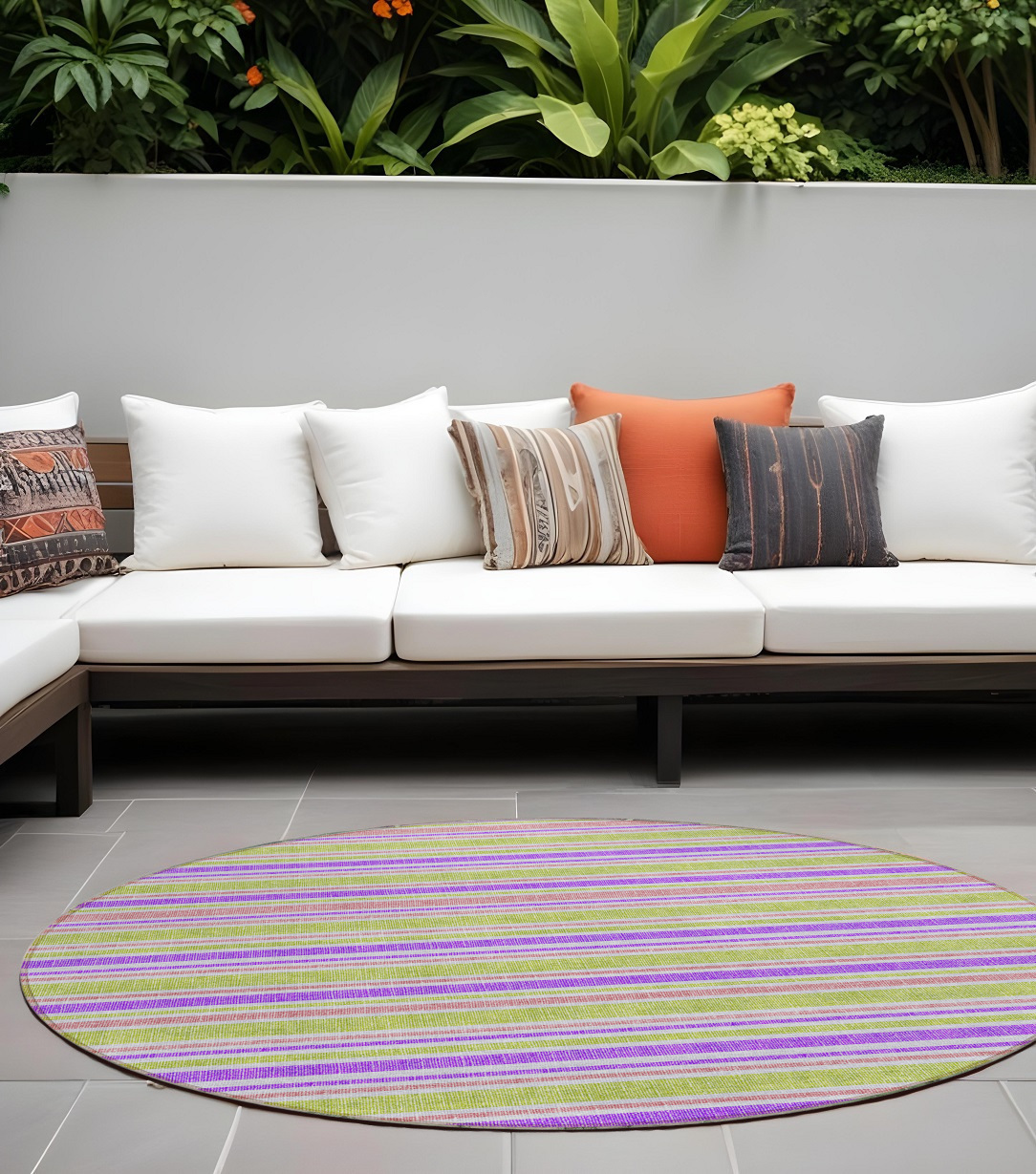 8' X 8' Purple Green and Pink Round Striped Washable Non Skid Indoor Outdoor Area Rug-561253-1